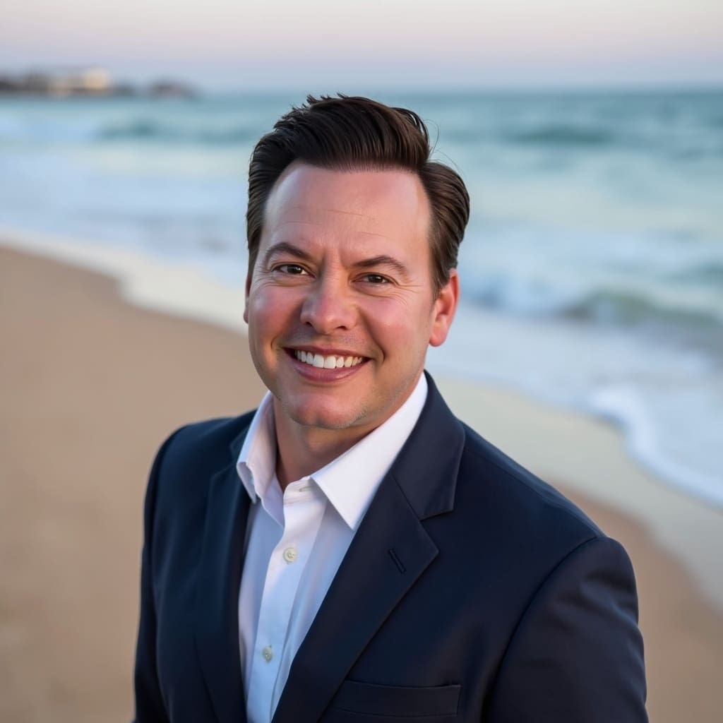 Man in suit smiling on a beach.