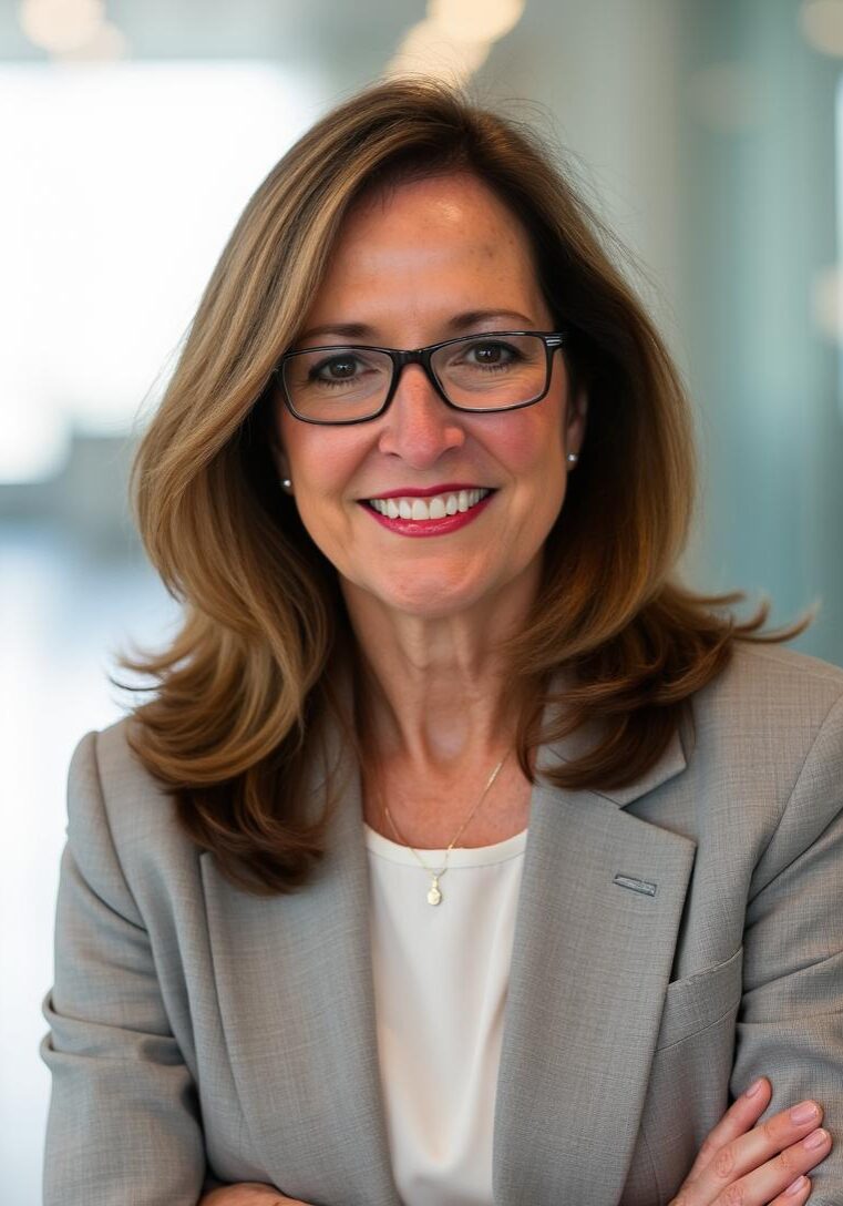 Smiling woman with glasses in professional attire.